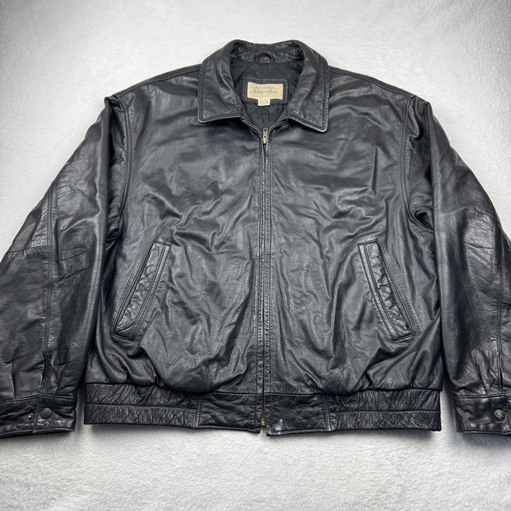 St. Johns Bay Leather Bomber Jacket Mens XL Black Quilted Lined Full Zip